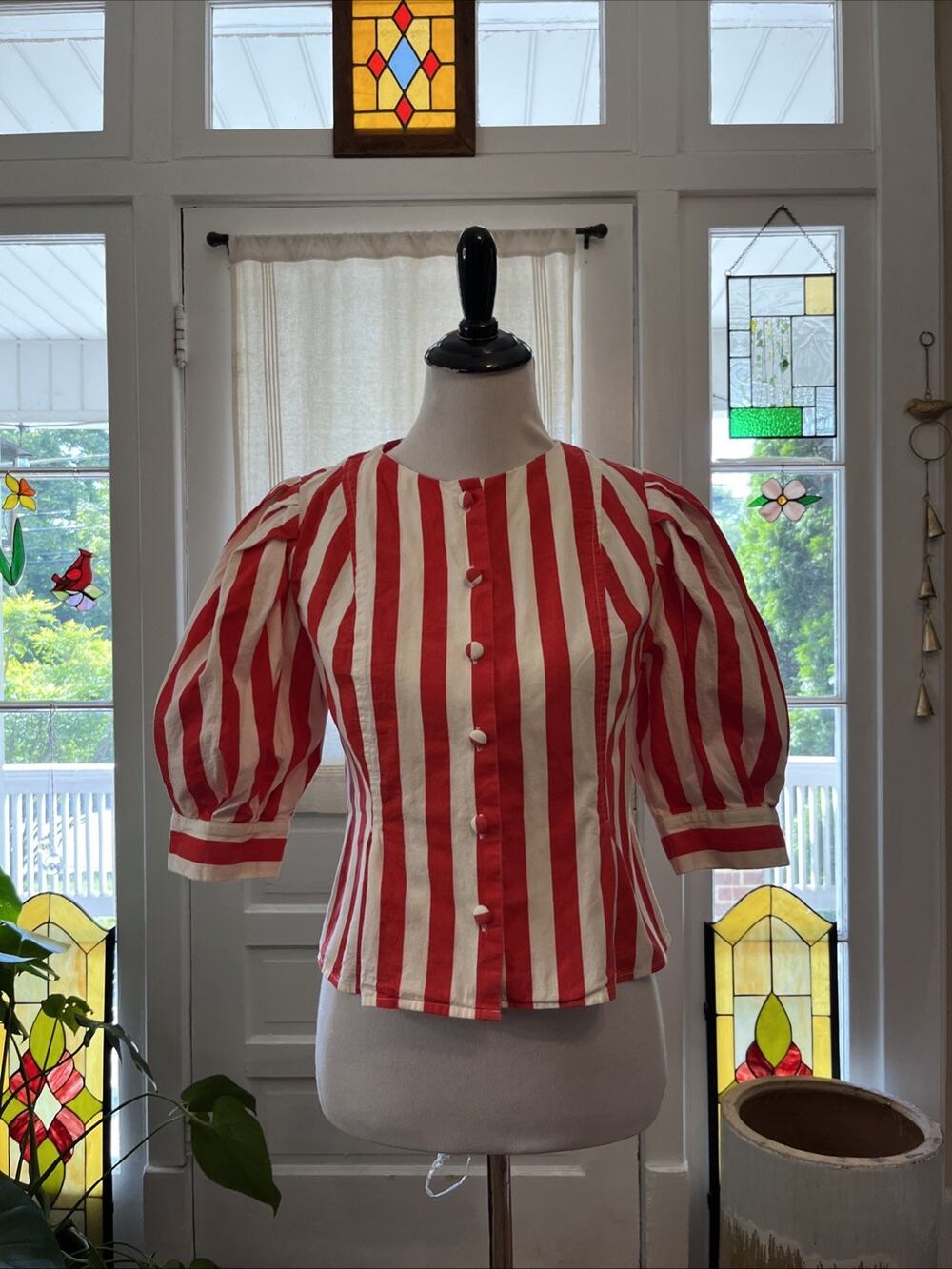 PINCH M Red French Stripe Puff Sleeve 100% Cotton Button Up Shirt Boho Classic